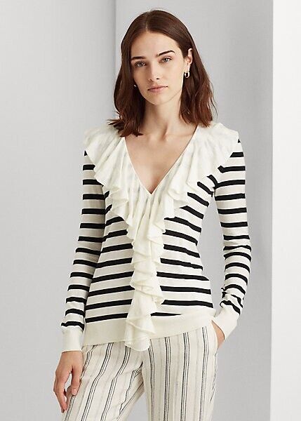 Lauren Ralph Lauren Women Striped Ruffled Cardigan Ivory Black Size S MSRP $125