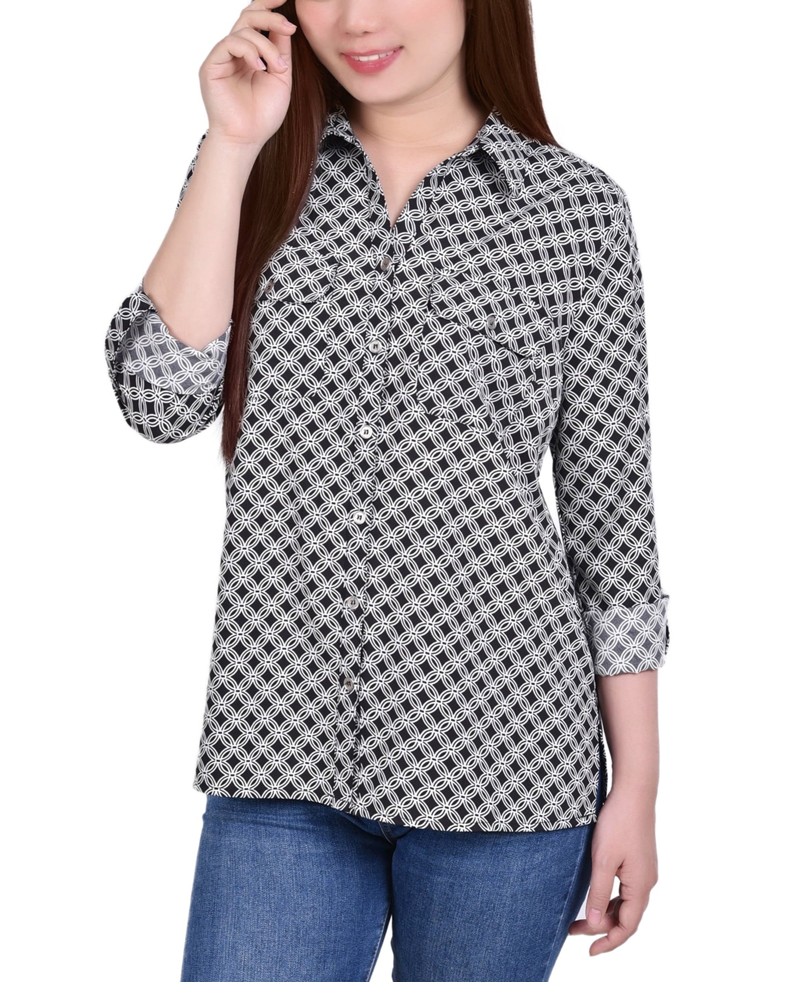 NY Collection 3/4 Sleeve Roll Tab Notch Collar Blouse Size PL Black White Petite