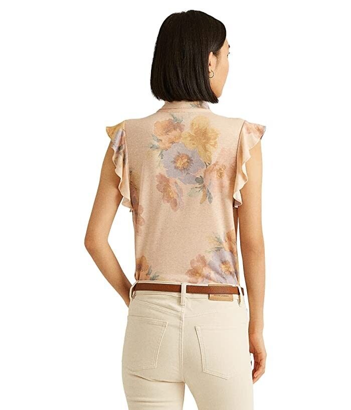 Ralph Lauren Floral Tie Neck Top Natural Orange Size L MSRP $80