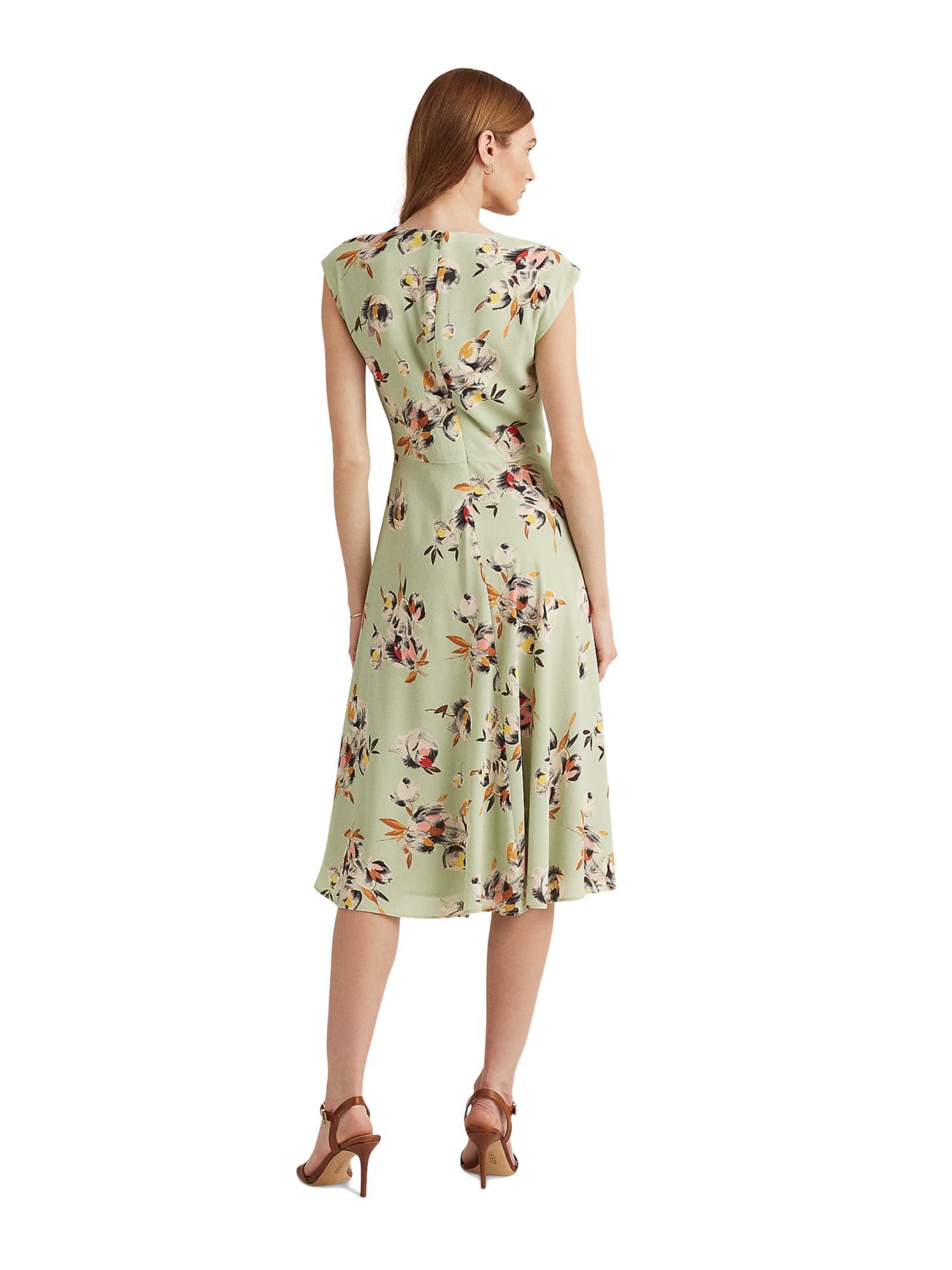 LAUREN RALPH LAUREN Gree Floral Cap Sleeve Fit + Flare Dress Petites Size 14P
