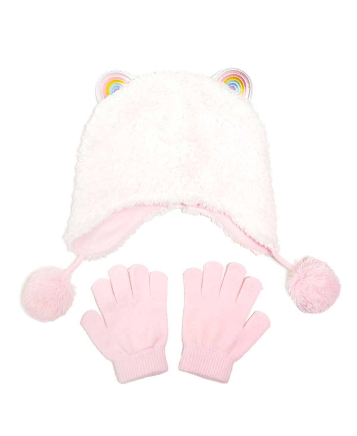 InMocean Little Girls Rainbow Ear Sherpa Heidi 2 Piece Set Pink Hat Gloves