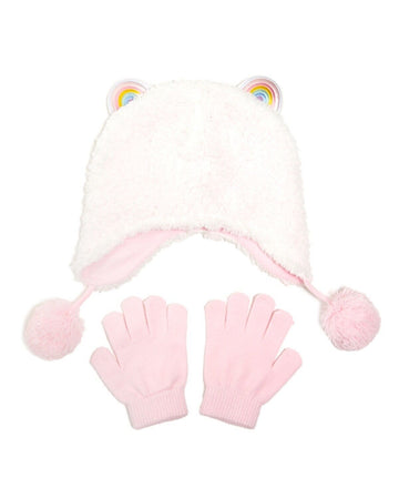 InMocean Little Girls Rainbow Ear Sherpa Heidi 2 Piece Set Pink Hat Gloves