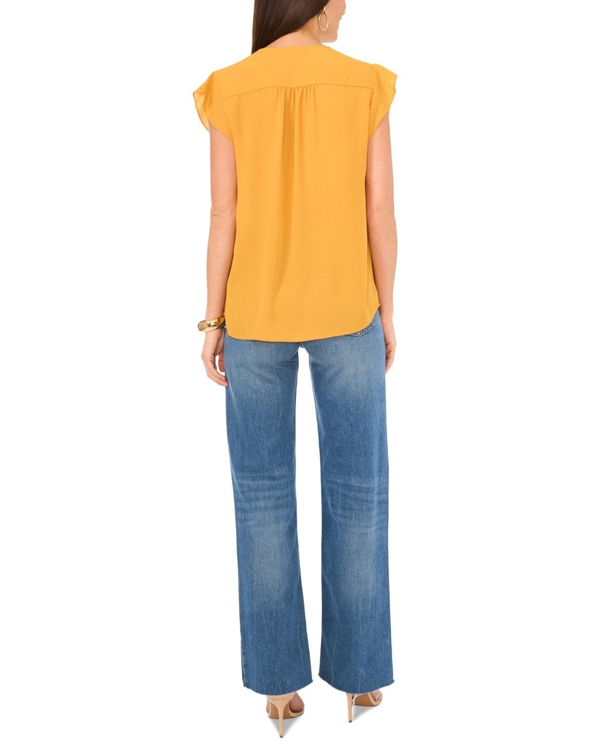 Vince Camuto Women's V-Neck Flutter Short Sleeve Top Yellow Size XL