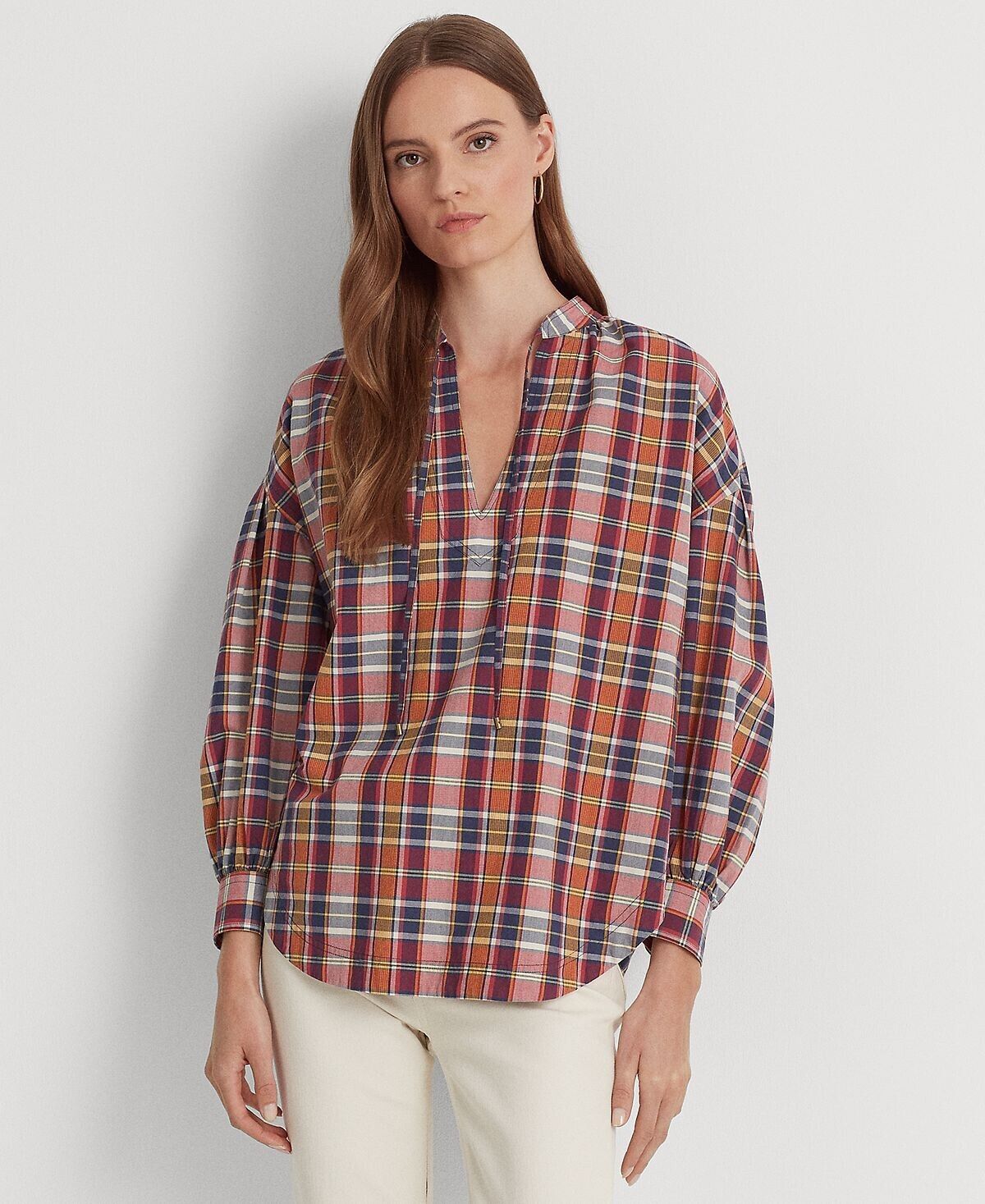 LAUREN RALPH LAUREN Women's Cotton Madras Tie-Neck Blouse Pink Size M MSRP $115