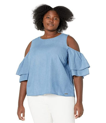 Michael Kors Plus Size Cold-Shoulder Ruffled Top Blue Size 1X MSRP $84
