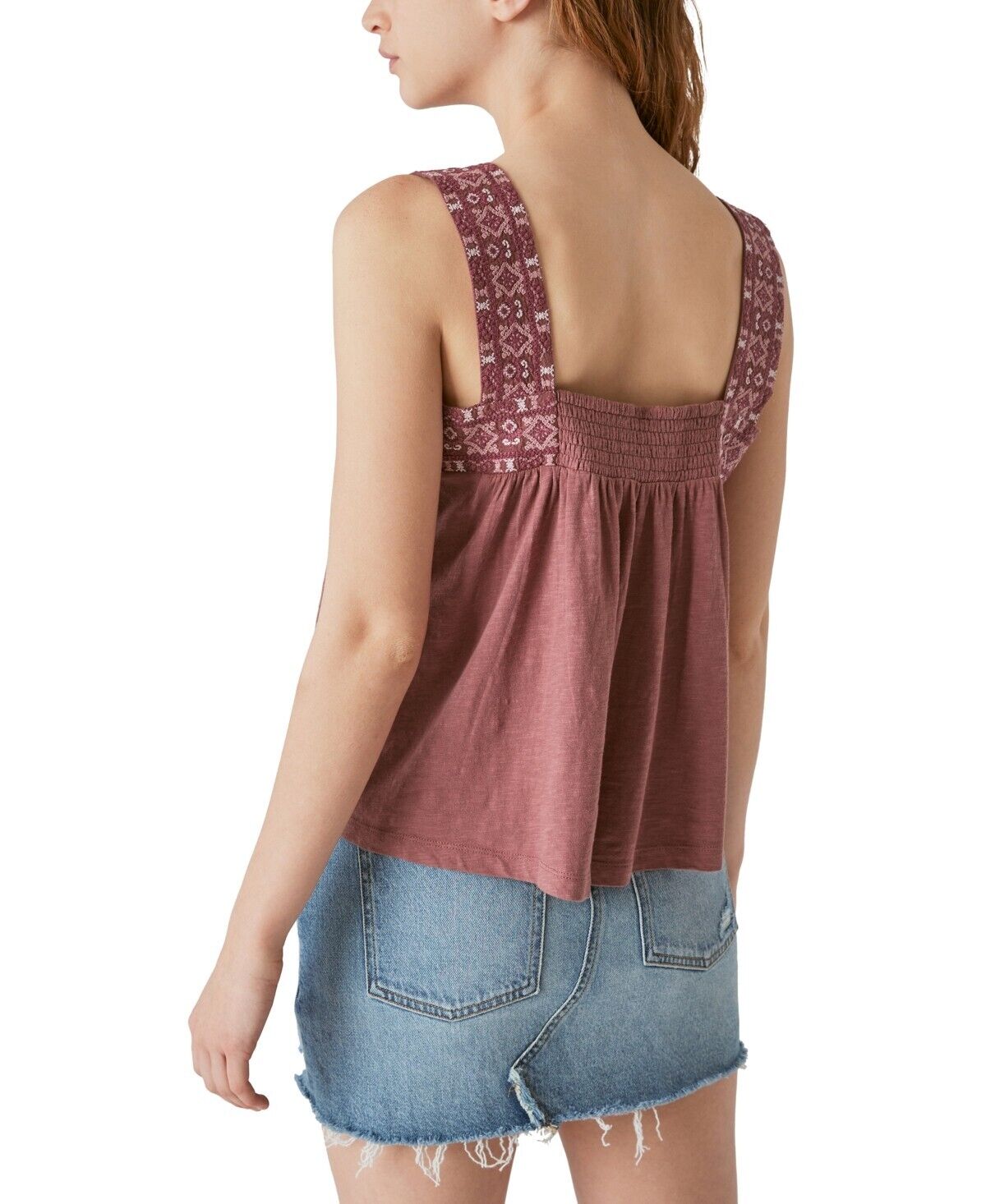Lucky Brand Lace-Embroidered Square Neck Tank Top Dark Pink Size L MSRP $70