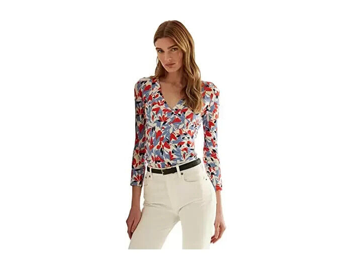 LAUREN Ralph Lauren Floral Surplice Jersey Top Blue Red Size XS MSRP $80
