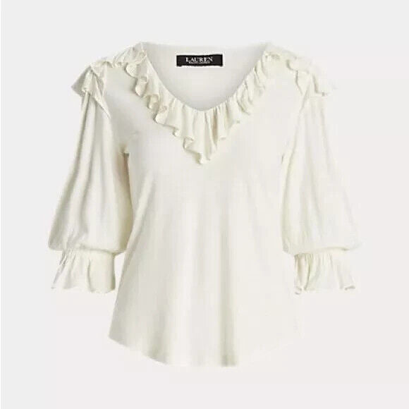 Lauren Ralph Lauren Women Ruffle-Trim Jersey Top Mascarpone Cream Size L $115