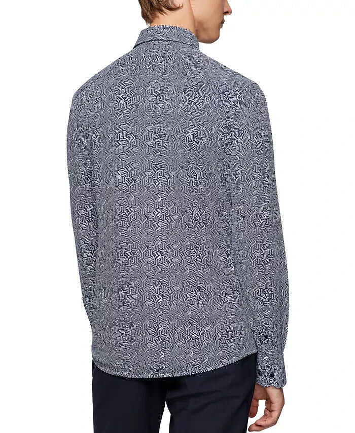 HUGO BOSS Men's Hank Slim Fit Geo Print Shirt Black Size 16 (Large) MSRP $198