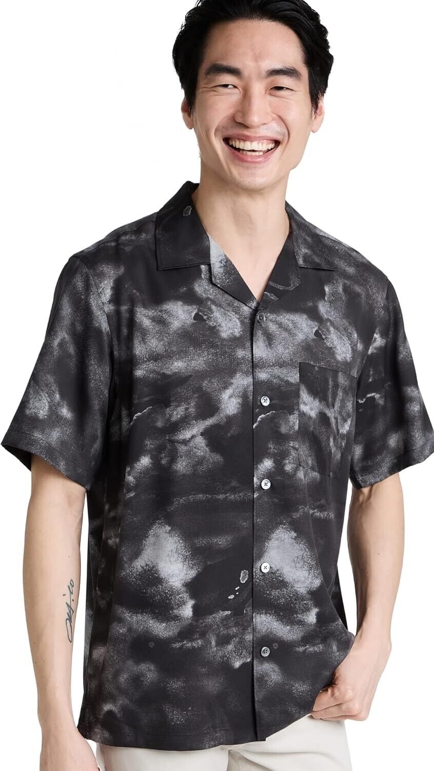 Theory Noll Cloud Print Short Sleeve Button-Up Camp Shirt in Black Size S $165