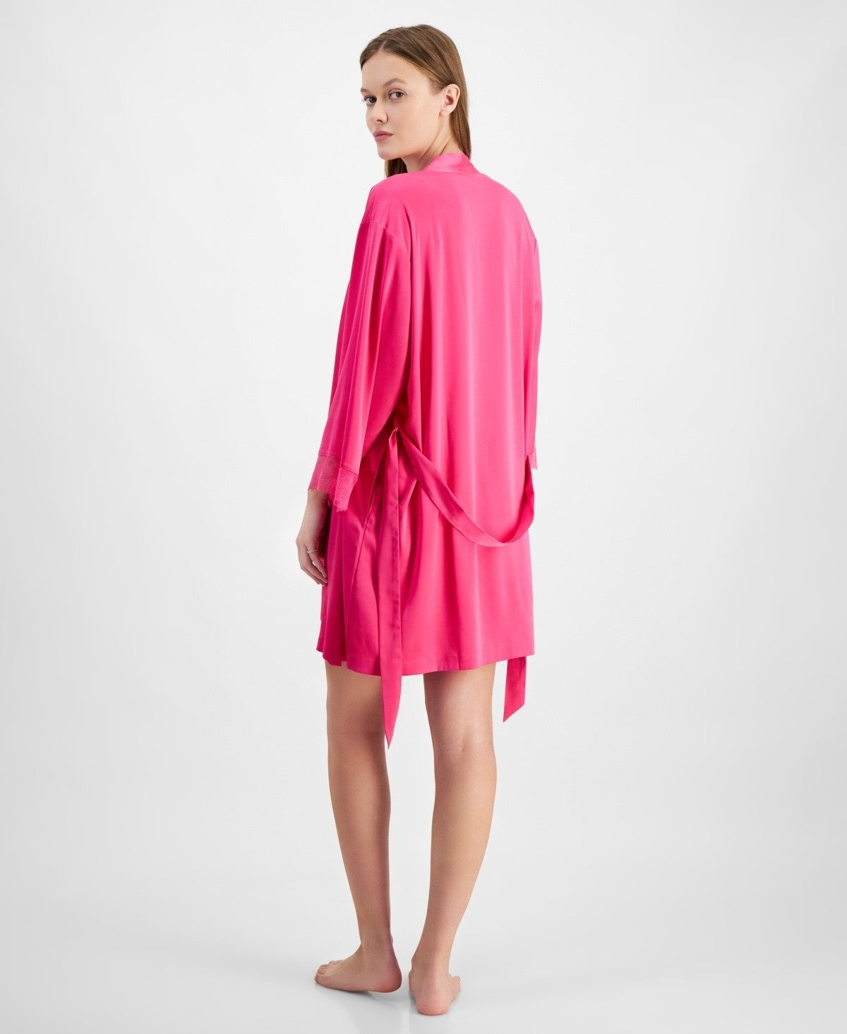 I.N.C. Women's Lace-Trim Stretch Satin Robe Pink Size XL MSRP $50