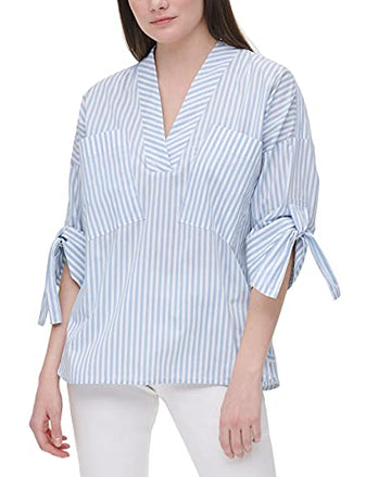 Calvin Klein V-Neck Pullover Blouse Cashmere White Blue Size S (US 4-6)