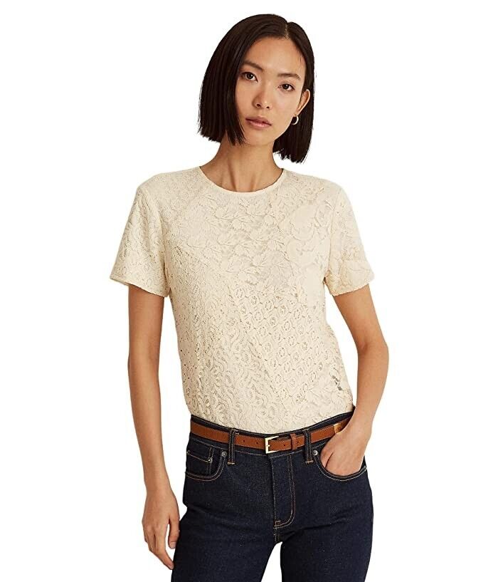 LAUREN Ralph Lauren Patchwork Lace Short Sleeve Blouse Ivory Size 10 MSRP $175