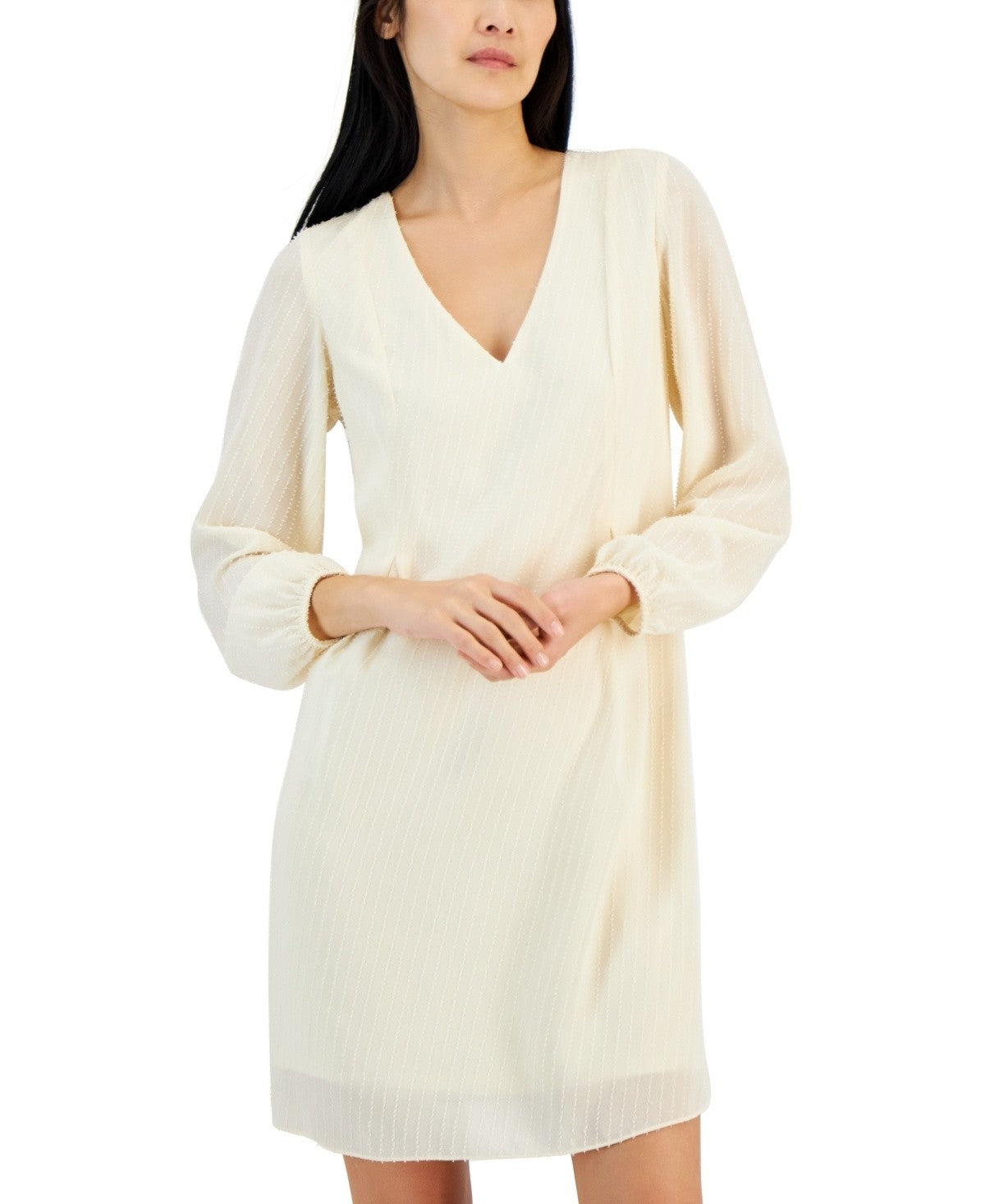 INC Women's Textured Chiffon Long-Sleeve Bow-Back Dress Ivory Size XL MSRP $79