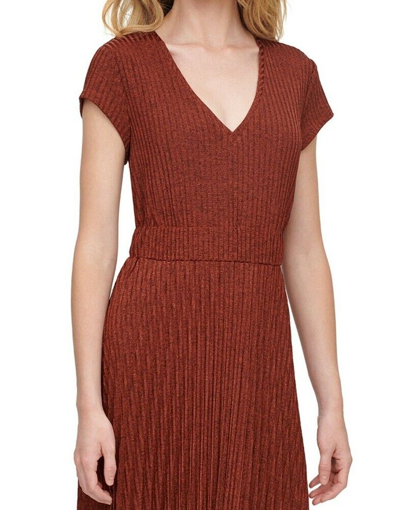Dkny Women's Textured Midi V-Neck Knit Dress Rust Size XS MSRP $115