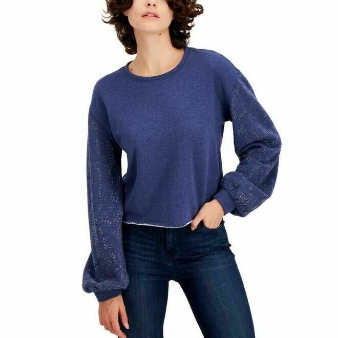 INC Embellished-Sleeve Sweatshirt Womens blue Size S MSRP $70