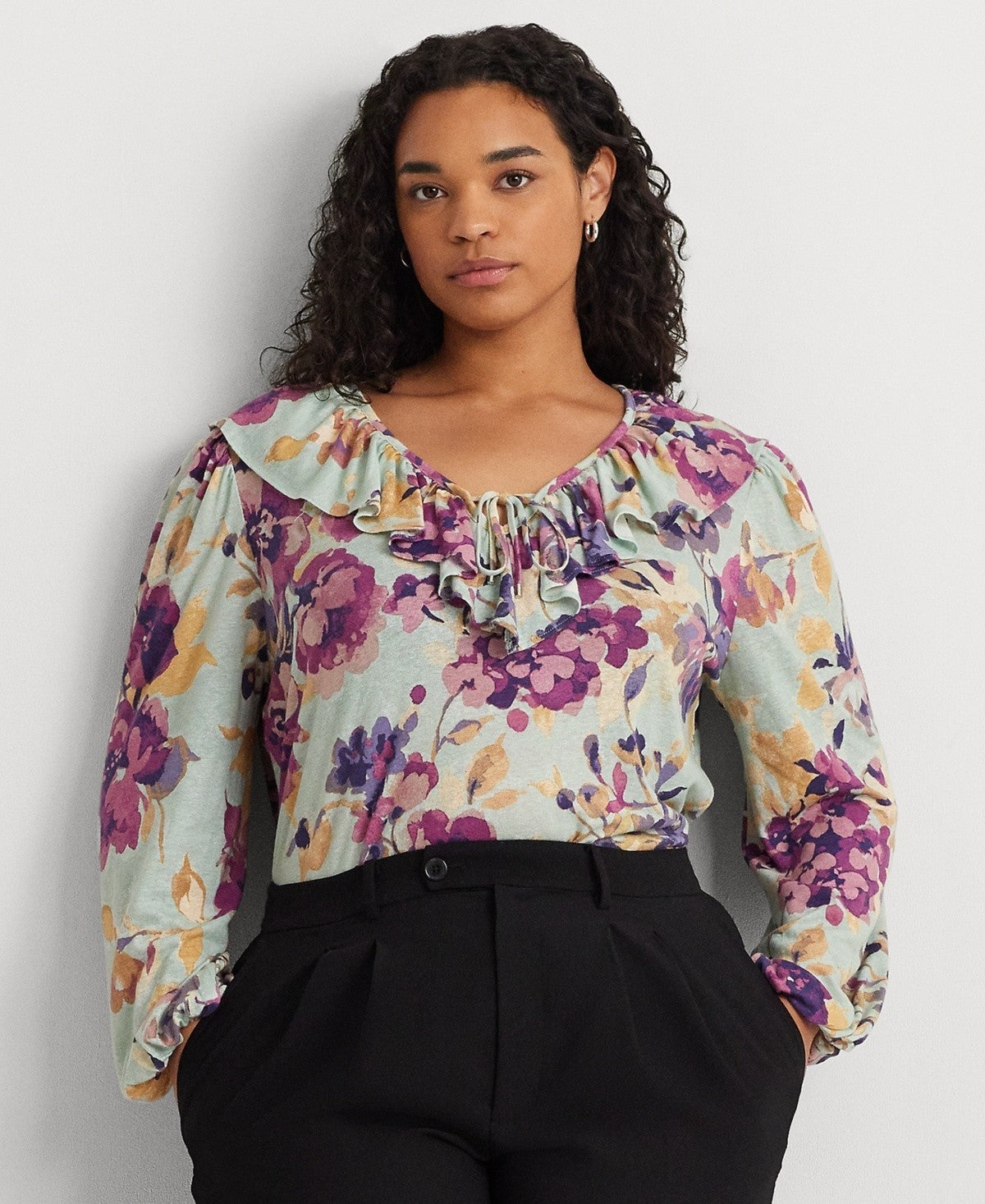 Lauren Ralph Lauren Linen-Blend Ruffled Floral Top Green Plus Size 2X MSRP $125