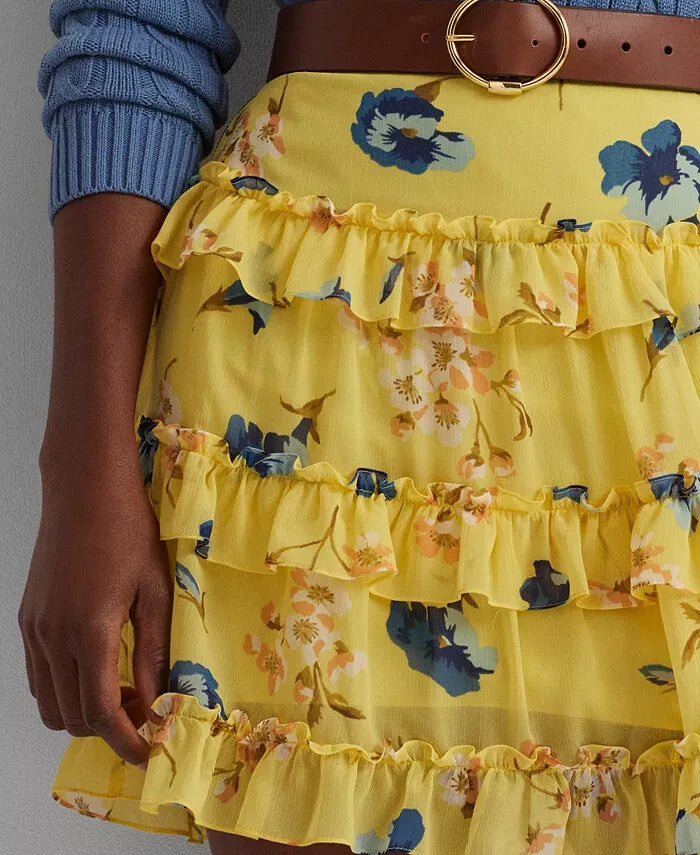 LAUREN RALPH LAUREN Ruffled Miniskirt Size 14 Yellow MSRP $145
