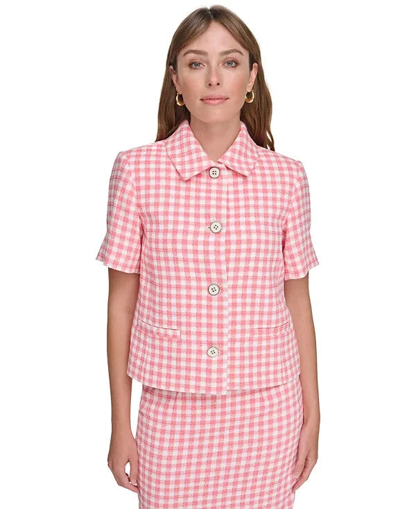 Tommy Hilfiger Women's Gingham Short-Sleeve Jacket Pink Size 4 MSRP $129