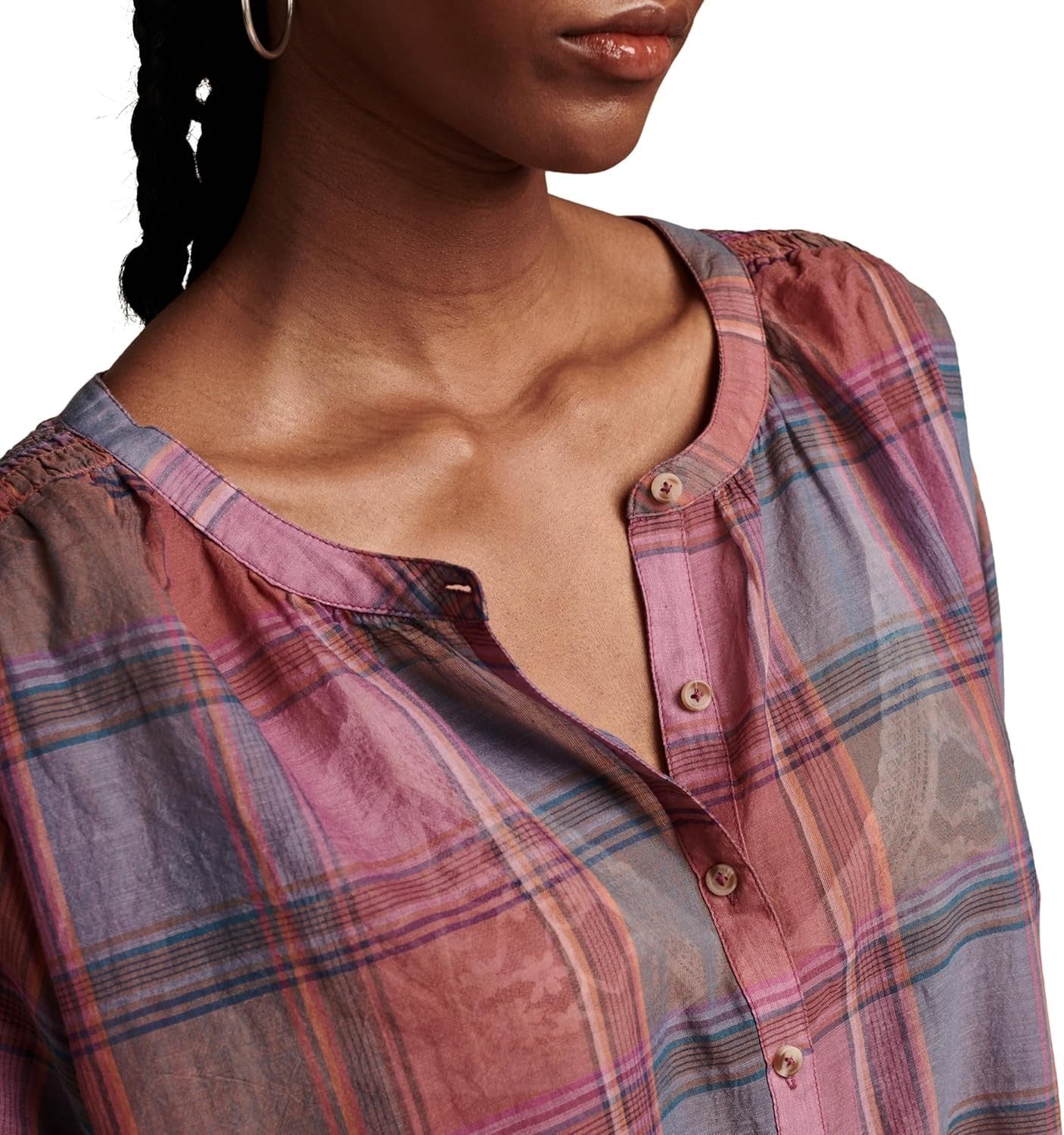 Lucky Brand Women's Cotton Plaid Smocked-Shoulder Blouse Pink Size M MSRP $80