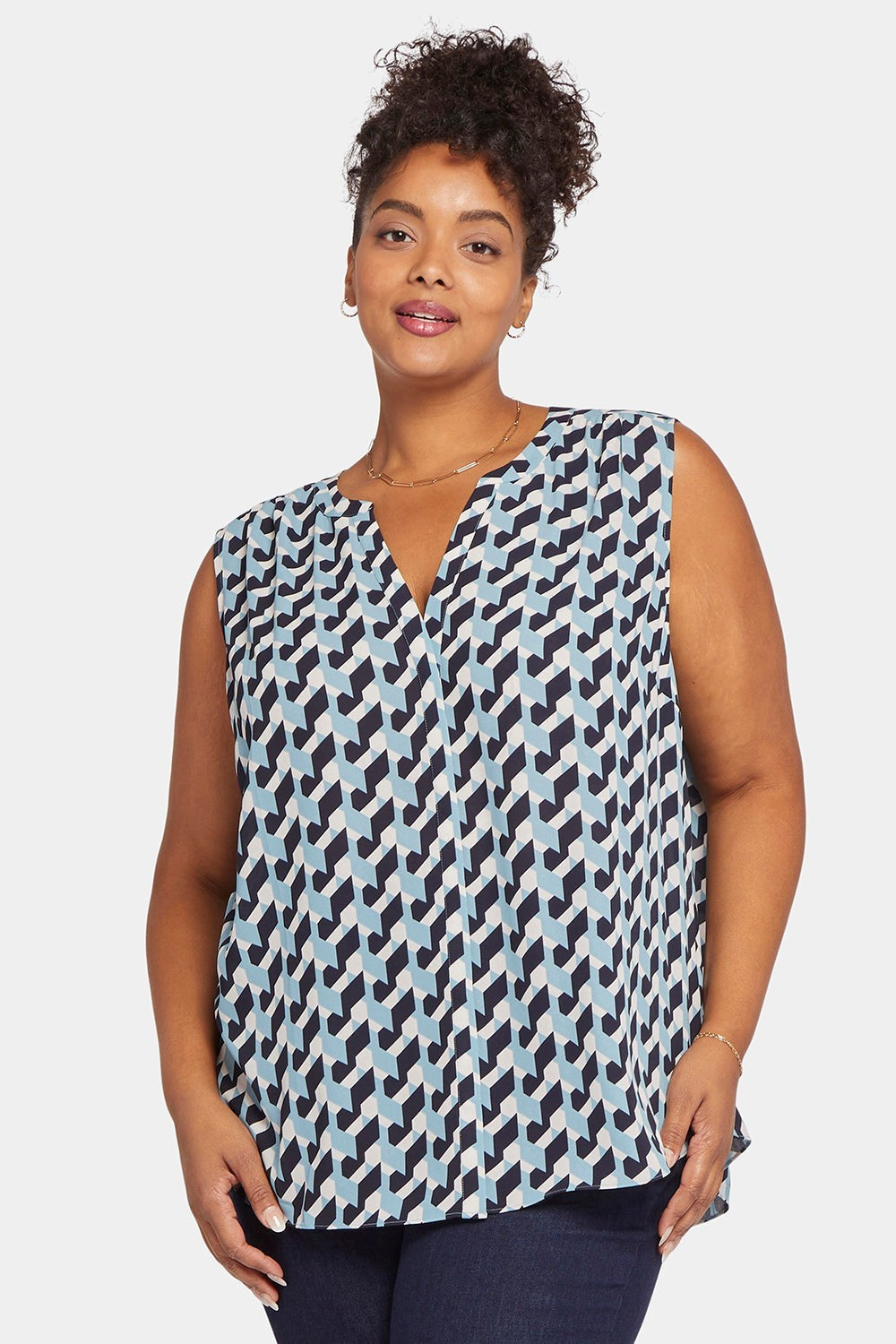 NYDJ Women's Sleeveless Pintuck Blouse in Chino Geo Plus Size 3X Blue MSRP $79