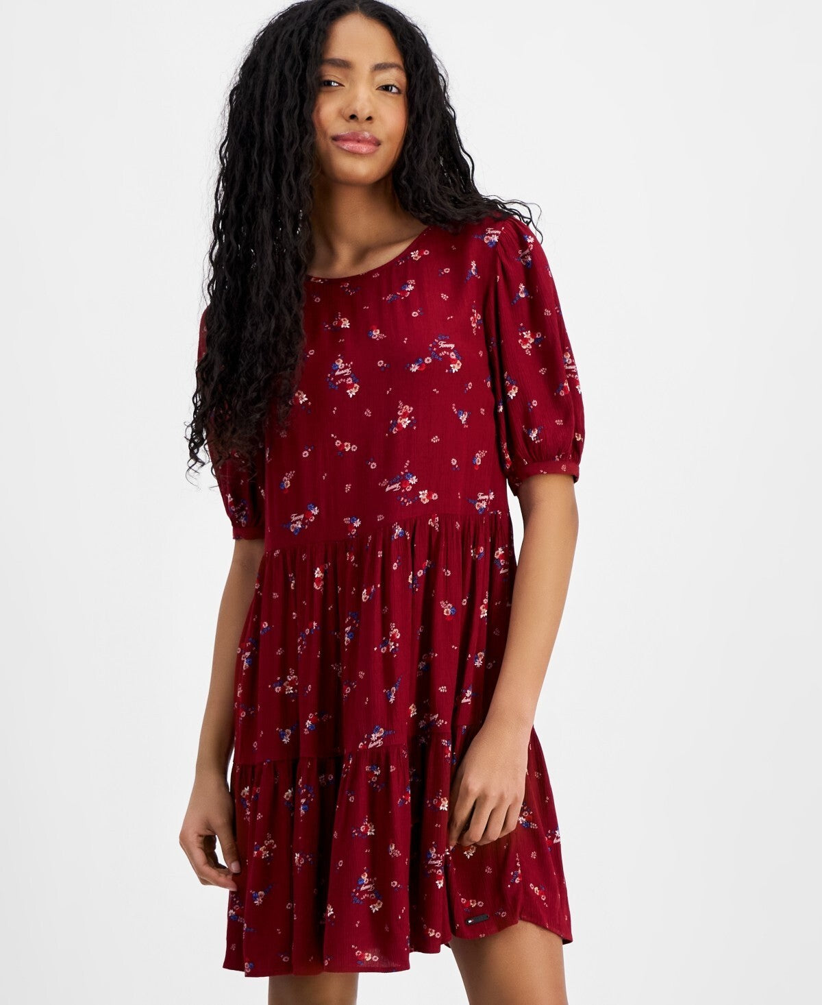 Tommy Jeans Womens Floral-Print Tiered A-Line Dress Red BURGUNDY Size L MSRP $90