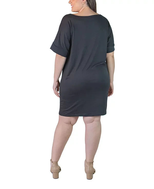 24seven Comfort Apparel Plus Size Loose Fit V-Neck T Shirt Dress Black Size 1X