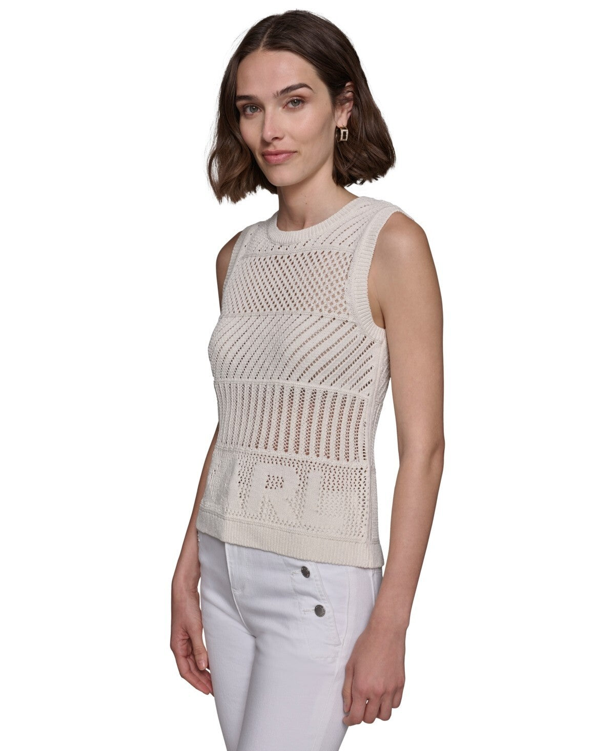 KARL LAGERFELD PARIS Women Crochet Sweater Tank Top Soft White Size XL MSRP $79