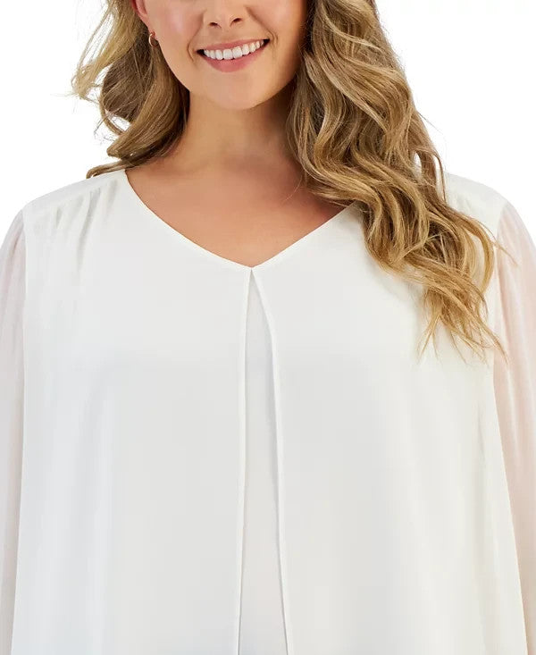 Kasper Plus Size 2X Double-Layer Long-Sleeve Chiffon Top Ivory MSRP $89