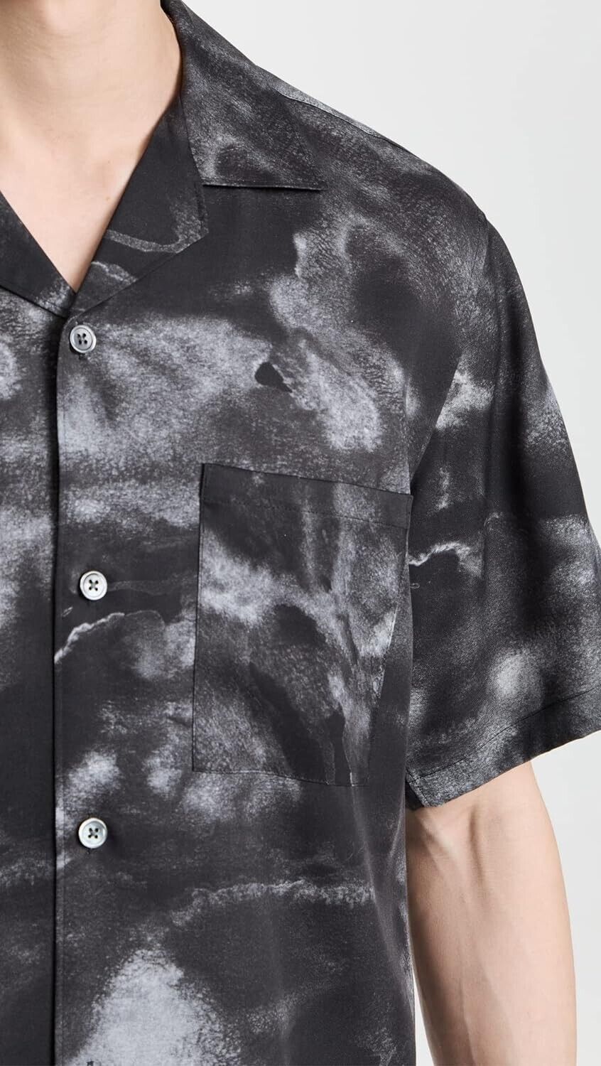Theory Noll Cloud Print Short Sleeve Button-Up Camp Shirt in Black Size S $165