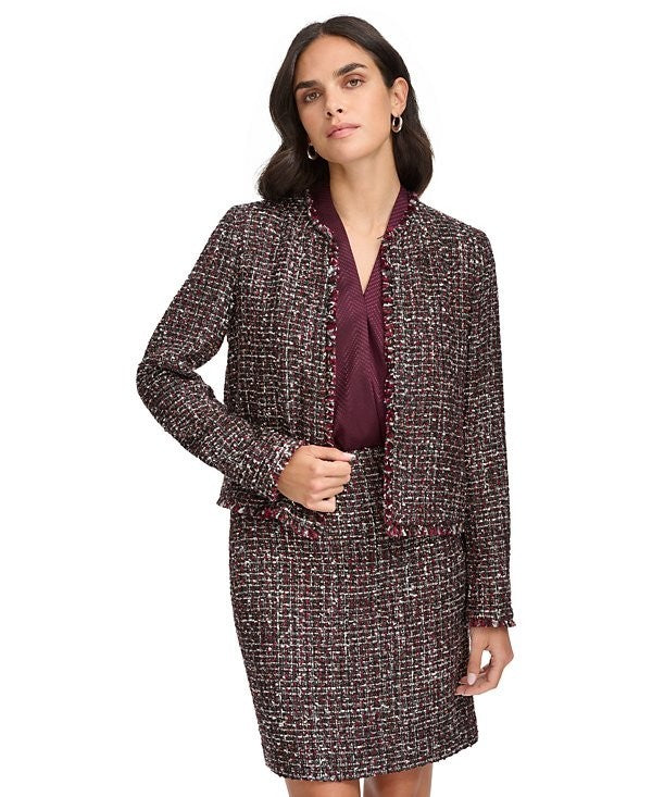 Calvin Klein Women's Tweed Open-Front Blazer burgundy Red Size 10 MSRP $159