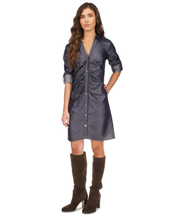 MICHAEL KORS Women Ruched-Front Roll-Tab-Sleeve Shirtdress Blue Size M MSRP $165