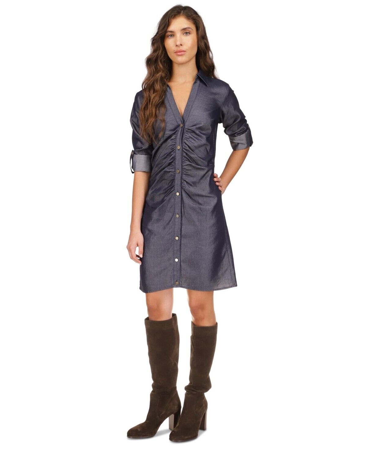 MICHAEL KORS Women Ruched-Front Roll-Tab-Sleeve Shirtdress Blue Size S MSRP $165