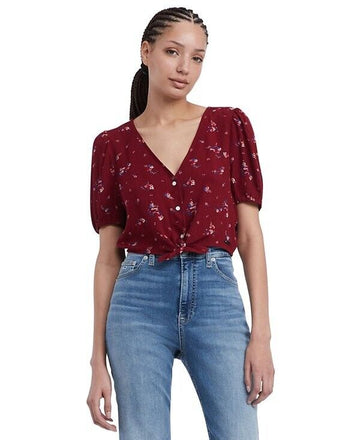 Tommy Jeans Women's Floral Balloon-Sleeve Tie-Front Blouse RED Size M MSRP $70