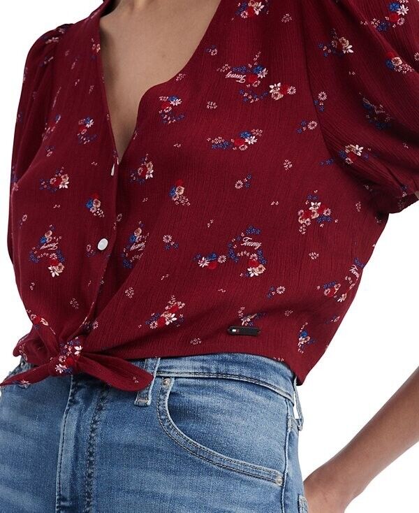 Tommy Jeans Women's Floral Balloon-Sleeve Tie-Front Blouse RED Size M MSRP $70