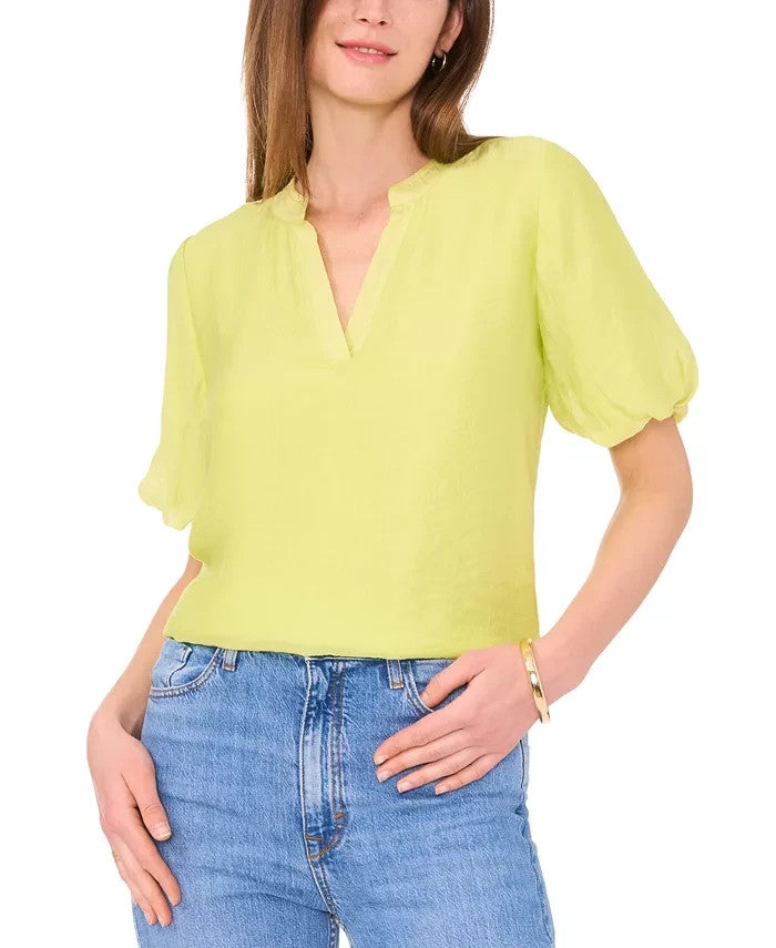 Vince Camuto Womens Split-Neck Quarter Puff Sleeve Island Lime Blouse Size S