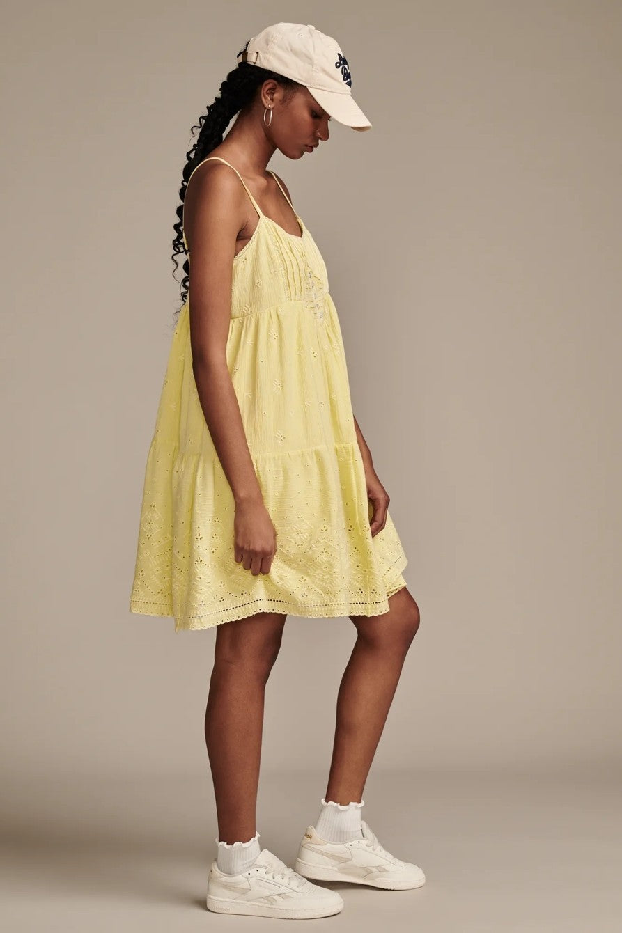 Lucky Brand pintuck bodice tiered mini dress Lemon Yellow Size L MSRP $119
