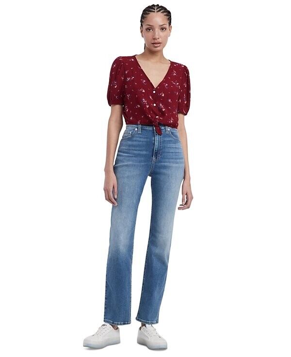 Tommy Jeans Women's Floral Balloon-Sleeve Tie-Front Blouse RED Size M MSRP $70