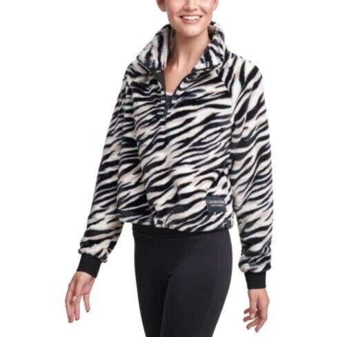 CALVIN KLEIN PERFORMANCE Animal-Print Half-Zip Top Black White Size XL MSRP $70