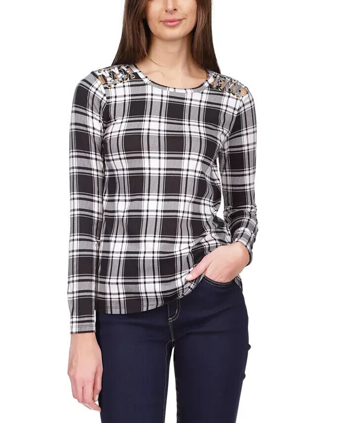 MICHAEL MICHAEL KORS Plaid Lace-Up Top Black Ivory Size XL MSRP $78