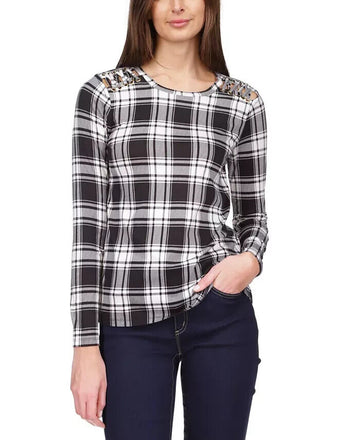 MICHAEL MICHAEL KORS Plaid Lace-Up Top Black Ivory Size XL MSRP $78