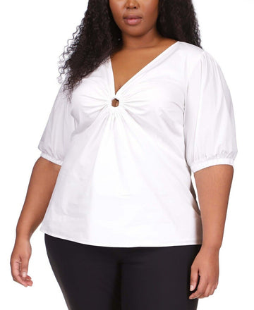 Michael Michael Kors Plus Size 2X Cotton Poplin 3/4-Sleeve Top White MSRP $115