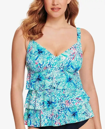 Swim Solutions Women's Printed Tiered Tankini Top Blue Size 10 MSRP $72