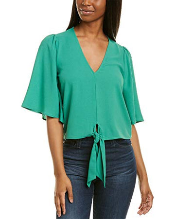 1.STATE Womens Flounce-Sleeve Tie-Front Top, Green, Size X-Small