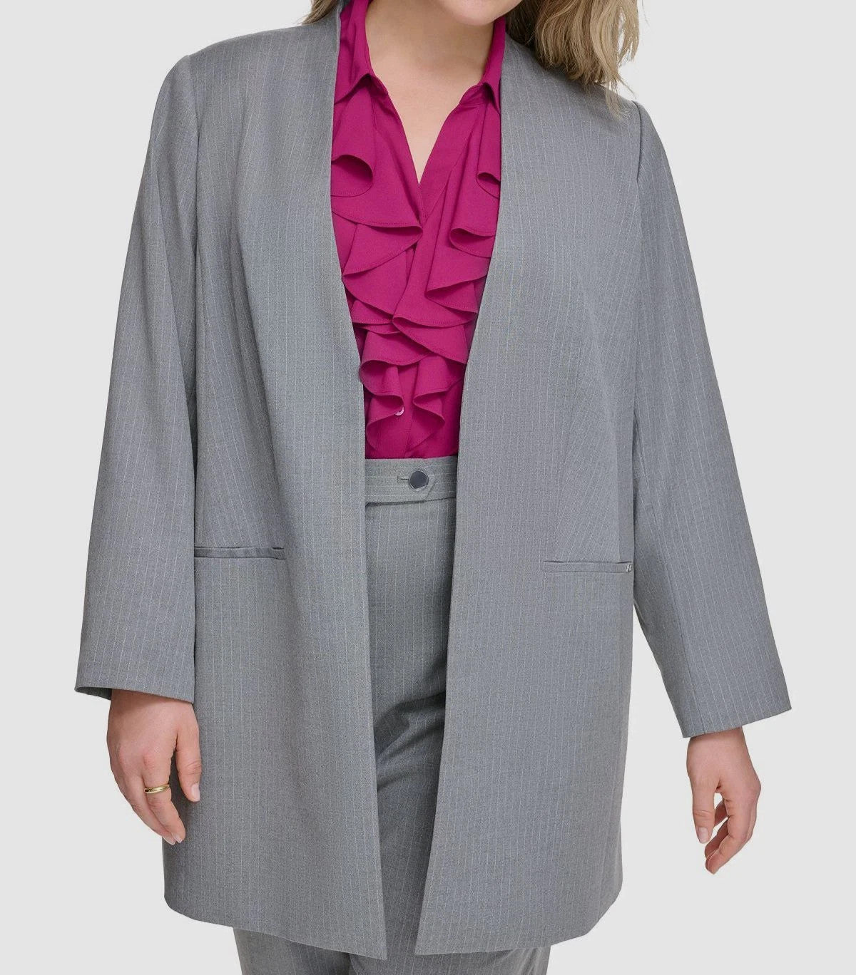 Calvin Klein GREY Collarless Open-Front Pinstriped Blazer PLUS SIZE 16W $169