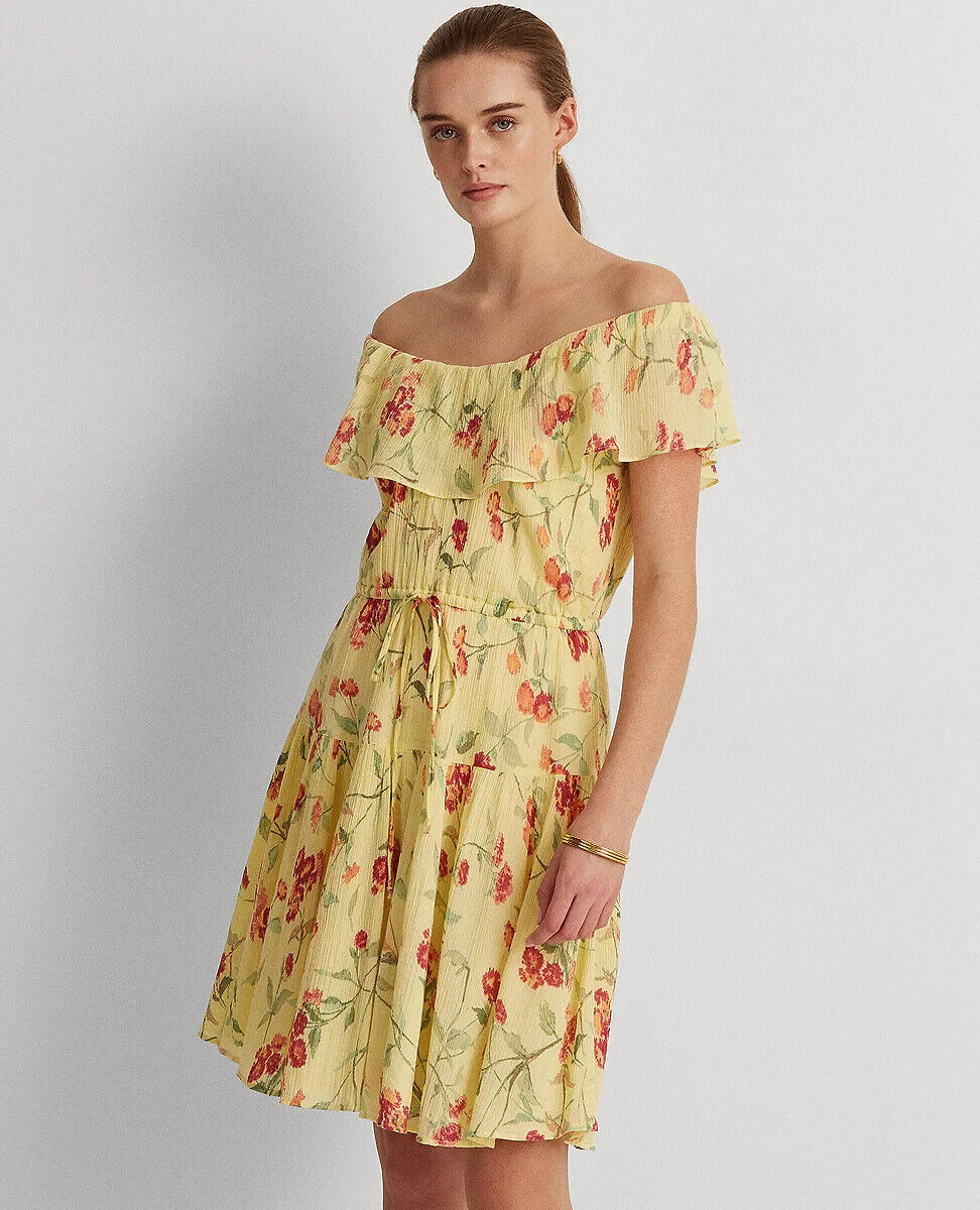 Lauren Ralph Lauren Floral Crinkled Cotton Dress Yellow Size 14 MSRP $145
