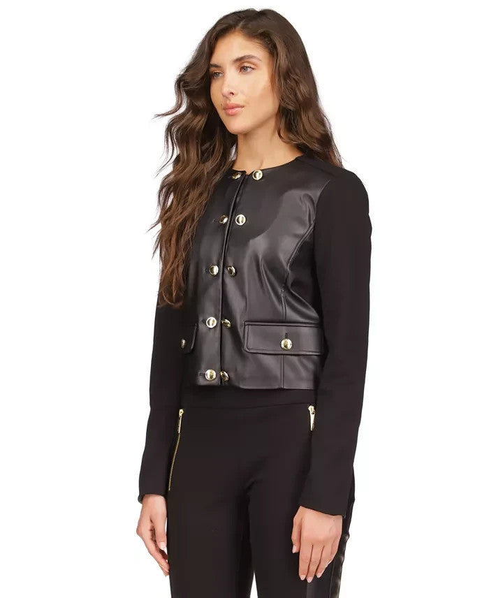 Michael Kors Women's Button-Front Mixed-Media Jacket Black Size P/L MSRP $175