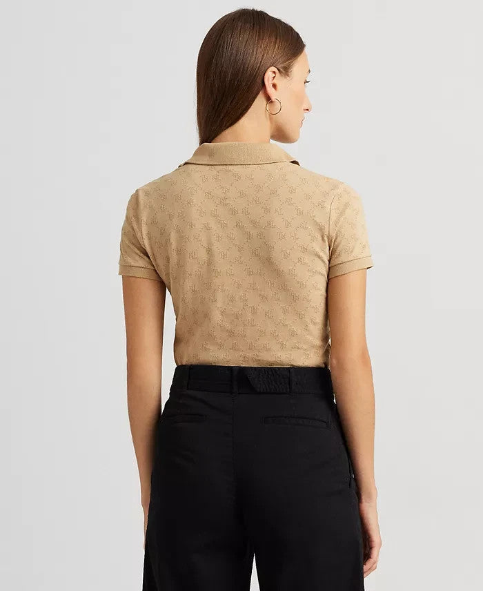 Lauren Ralph Lauren Women's Logo Jacquard Polo Shirt Beige Tan Size L MSRP $115