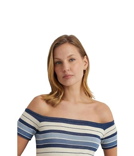 Lauren Ralph Lauren Womens Striped Off-The-Shoulder Top Blue Size M MSRP $125