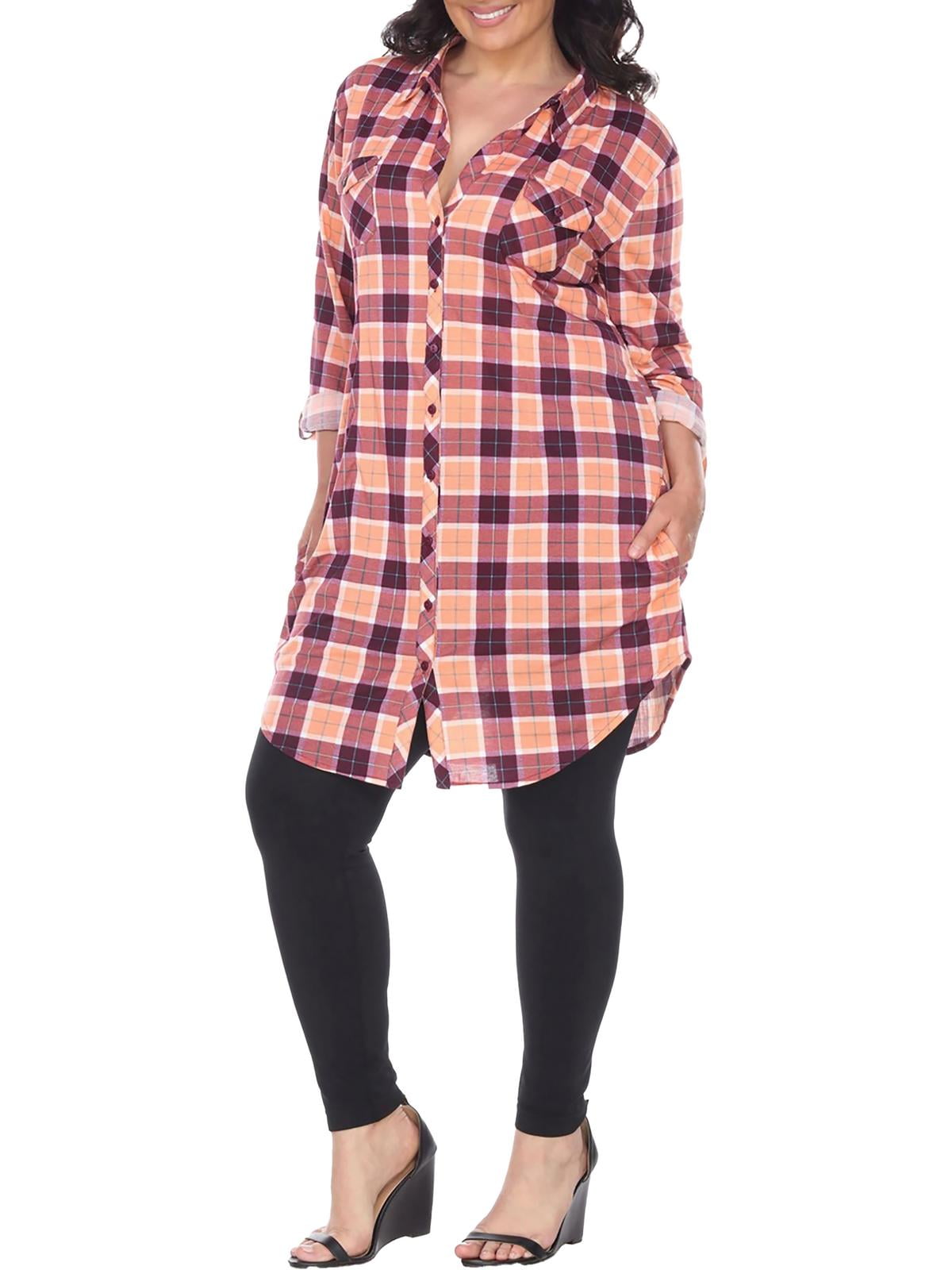 White Mark Womens Plus Piper Plaid Button Front Tunic Top Size 1X Orange